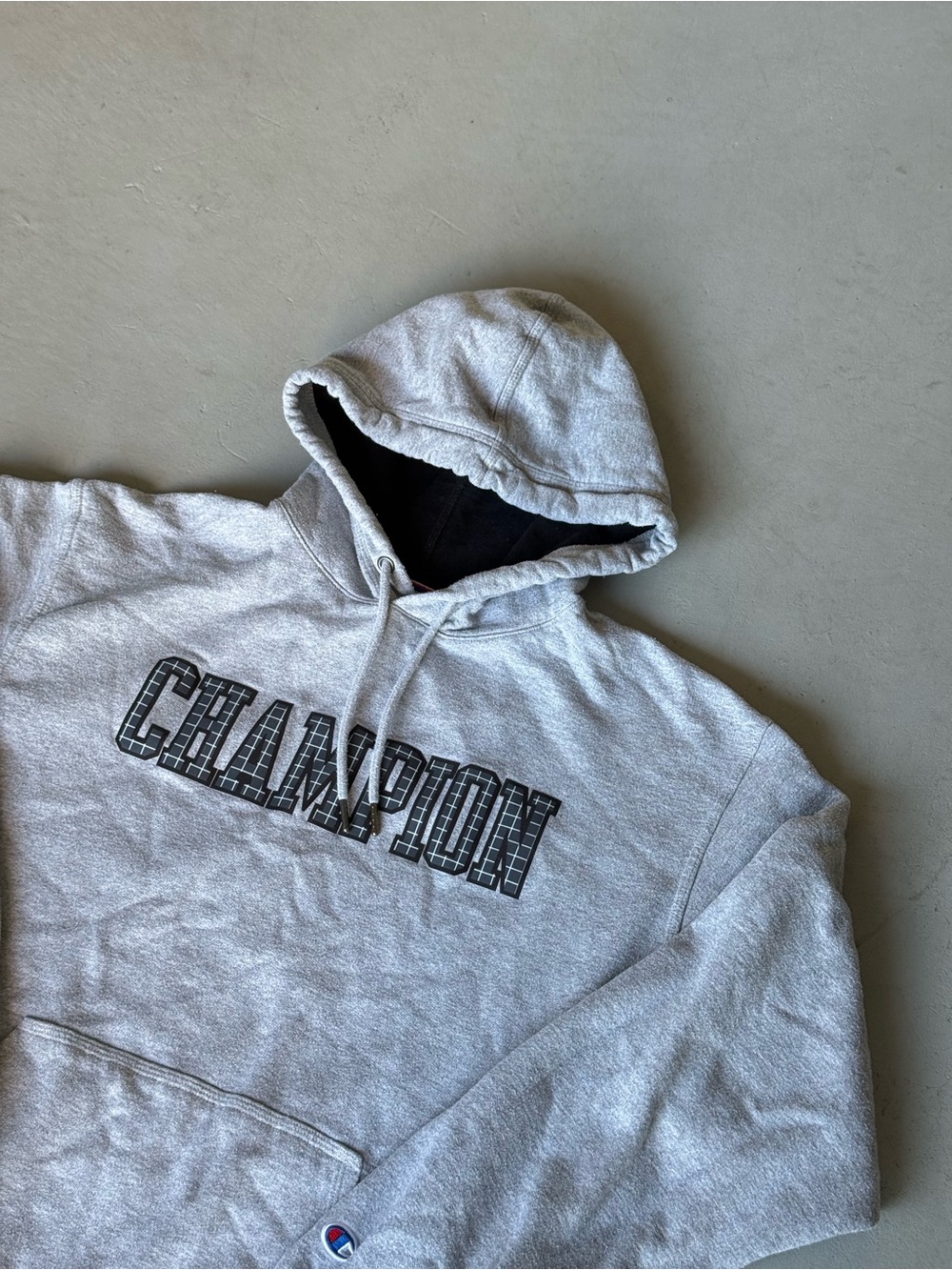 Champion Light Gray Crewneck Hoodie with Black Lined Hood & Chest Logo